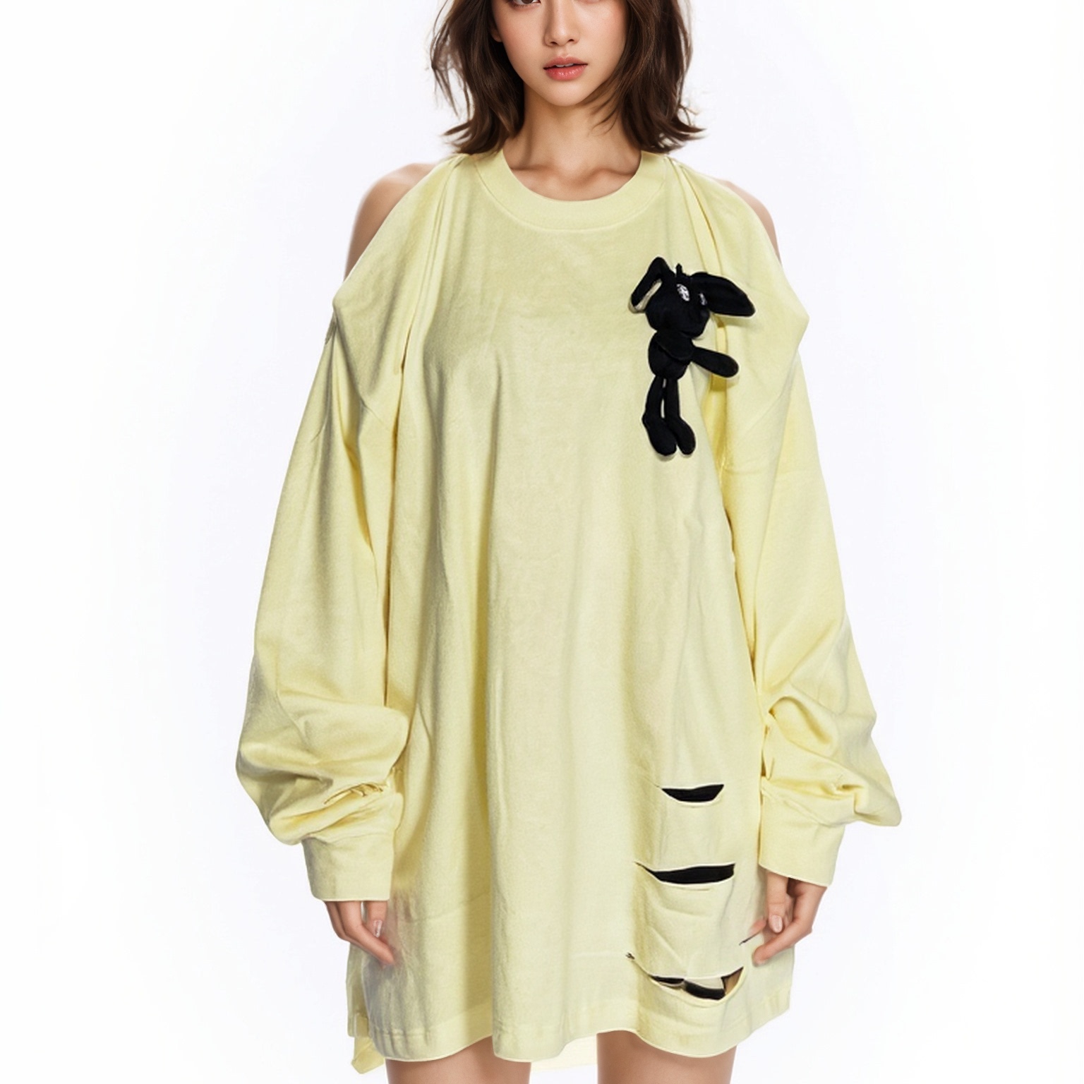 BW 2025秋季新款镂空露肩长袖t恤女夏薄款宽松百搭中长款上衣黄色