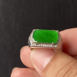 包邮 925银镶戒指 包A 戒指正品 危地马拉A货翡翠满色马鞍戒男款
