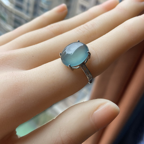 天然翡翠危地马拉翡翠戒指925银镶四爪镶嵌冰种天空蓝翡翠戒指