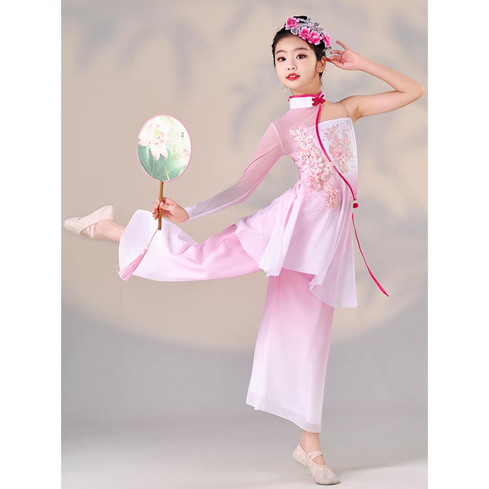 儿童古典舞表演服装胶州秧歌扇子独舞测试服装中式表演服装粉色表图片