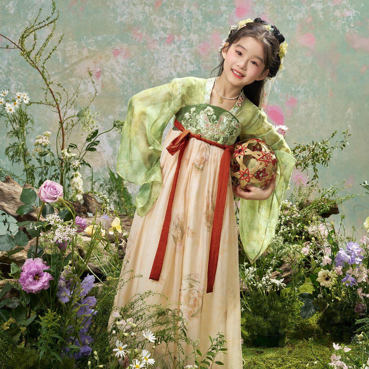 新款儿童汉服女童春装绿色系绣花襦裙小女孩国风古装日常拍照裙子
