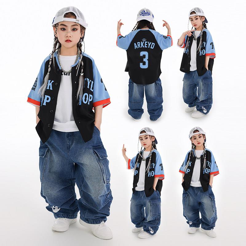 迪克家儿童街舞潮服嘻哈风hiphop童装女童短袖棒球服街舞服装男童