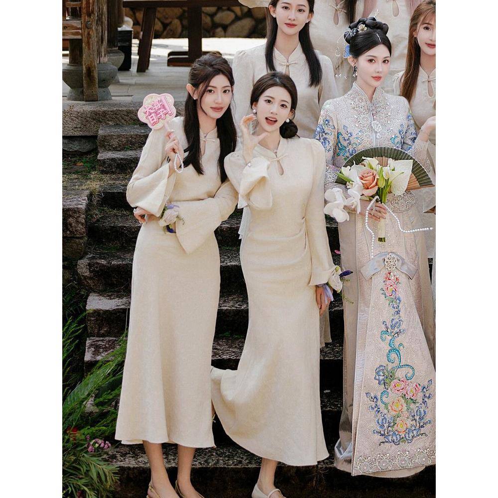 伴娘服2025新款中式旗袍裙姐妹团高级感礼服女平时可穿长袖秋冬季