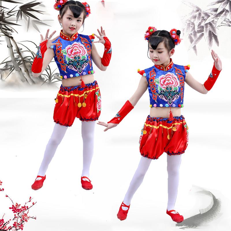 中国梦娃儿童演出服女童舞蹈服喜庆打鼓开门小荷风采碗趣豆汁表演