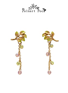 Palnart poc绿叶水滴绿色可爱日系森系仙美耳环气质名媛长款流苏