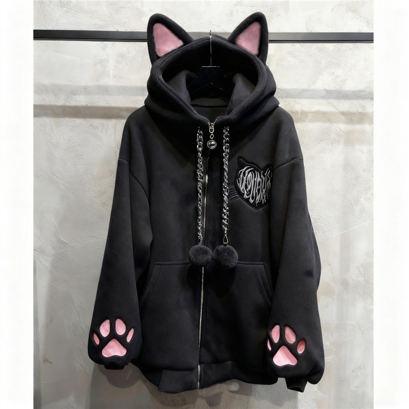 加绒加厚亚文化二次元可爱猫耳连帽猫爪长袖外套萌宅黑猫朋克摇滚