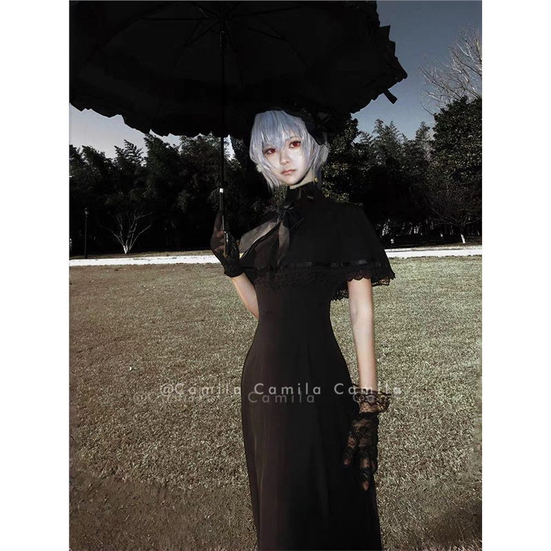 复古早哥特风gothic法式夏季收腰蕾丝斗篷连衣裙女洛丽塔a字长裙