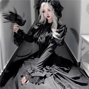 暗黑哥特Lolita鱼骨束腰寡妇裙衬衫魔女lolita裙莉莉