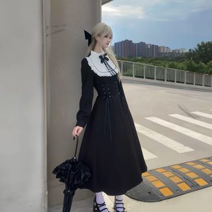 法式气质黑色长袖收腰连衣裙暗黑系哥特中长款裙子日常轻lo蕾服女