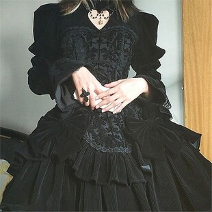 暗黑哥特风日常洛丽塔黑色lolita连衣裙女冬新中式国风在逃公主裙