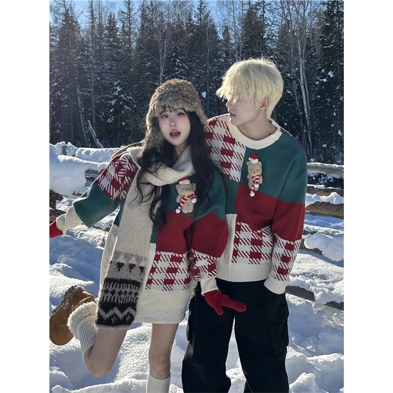 两件装】情侣装秋冬新款慵懒风圣诞毛衣男女韩版法式新年针织外套