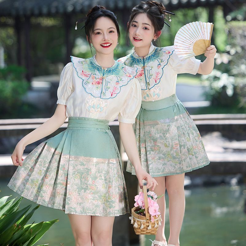 女童短款马面裙套装夏装2025新款古风汉服母女亲子装演出礼服短袖