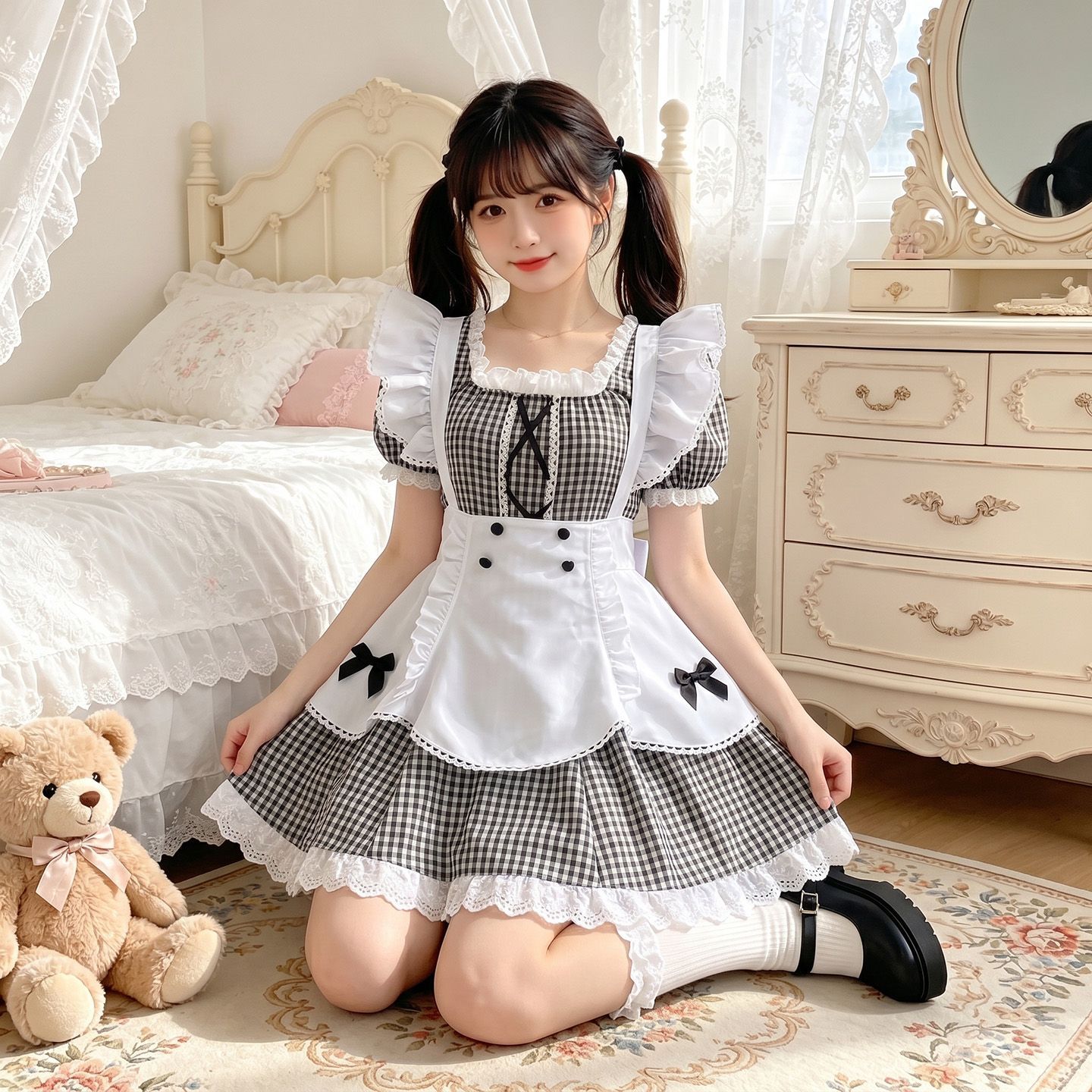 黑粉格女仆装日系可爱泡泡袖围裙大码胖mm显瘦Lolita连衣裙同款