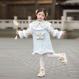 女童冬季原创高级连衣裙套装2024新款儿童加绒古装唐装汉服拜年服