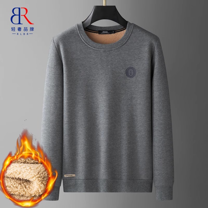 RLBR冬季加绒加厚羊羔绒圆领套头卫衣男宽松大码中年休闲打底衫男