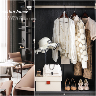 现代简约轻奢风女主人房样板间衣帽间衣服鞋帽子搭配组合软装饰品