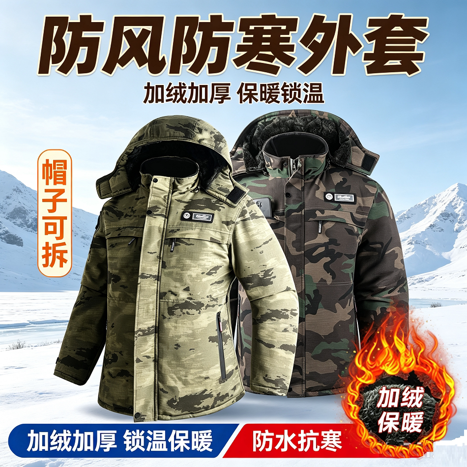 迷彩加绒加厚防水防寒工装棉衣男