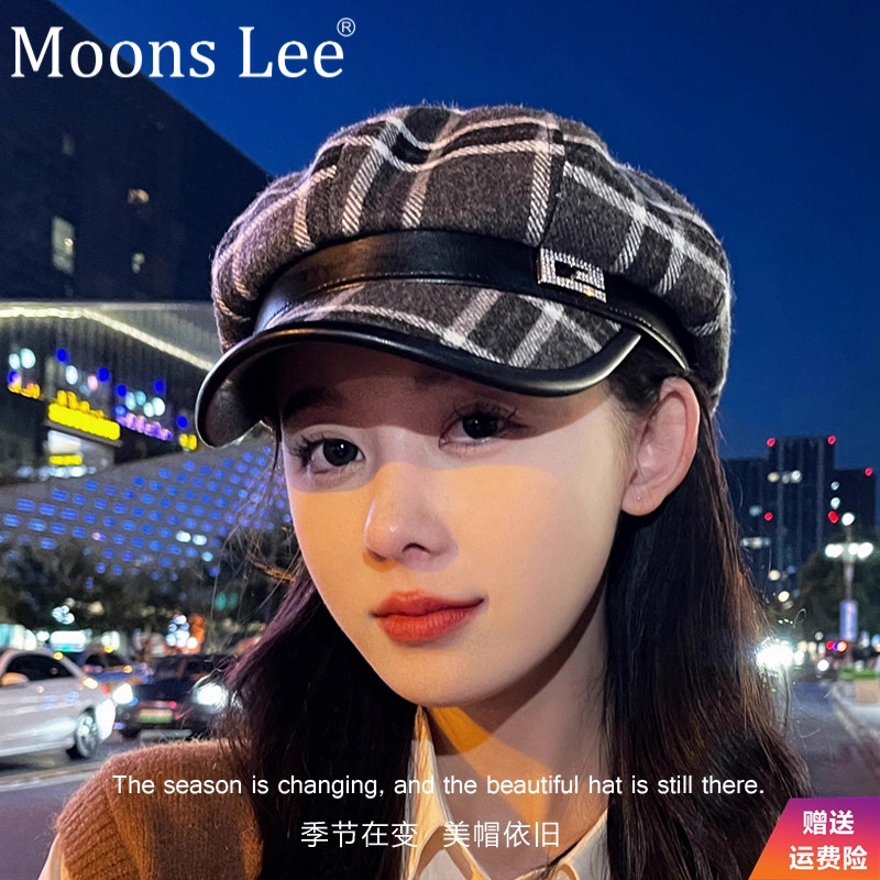 秋冬季贝雷帽复古英伦格子帽子