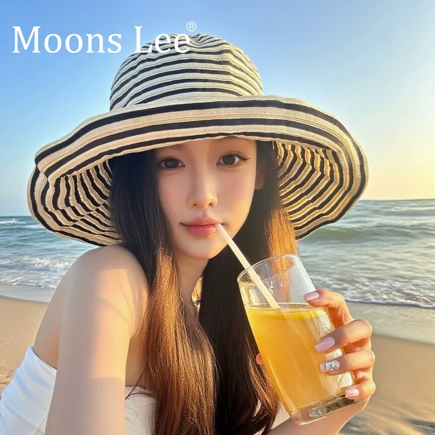 韩系黑白条纹大檐防晒渔夫帽女
