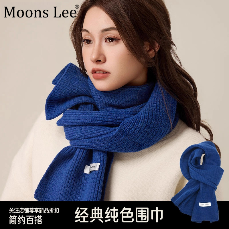 MoonsLee蓝色毛线围巾女冬季克莱因蓝纯色日系针织保暖短围脖情侣