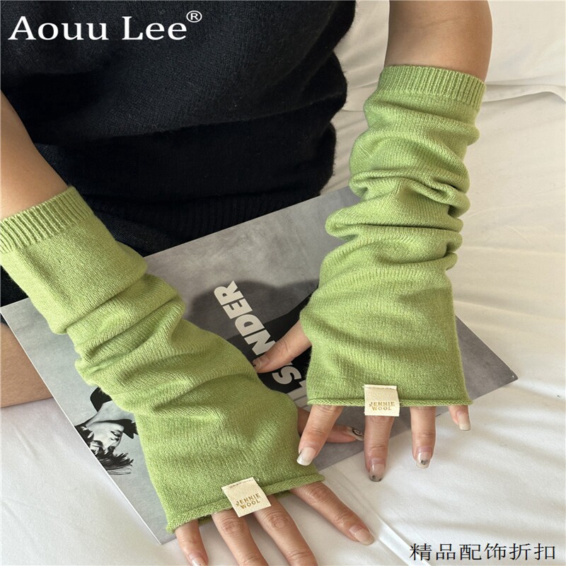 MoonsLee韩版针织毛线手套女保暖露指可触屏防寒纯色长款护臂袖套