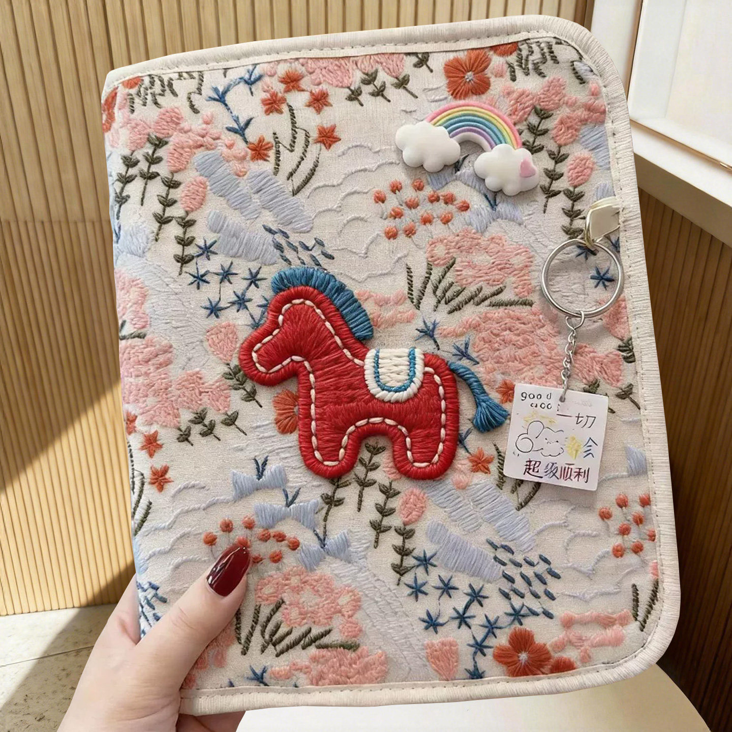 刺绣小红马孕检收纳册带拉链包2026新款可折叠产检报告单马宝宝怀