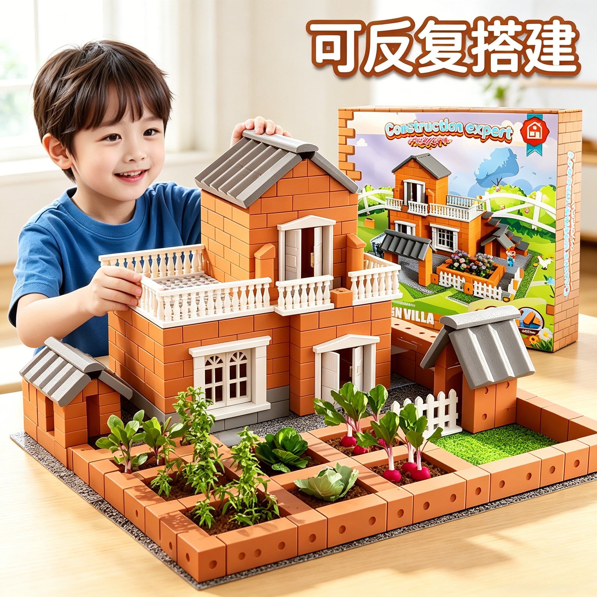 泥瓦匠盖房子儿童益智玩具砌墙手工diy砖头小屋建筑生日礼物男孩