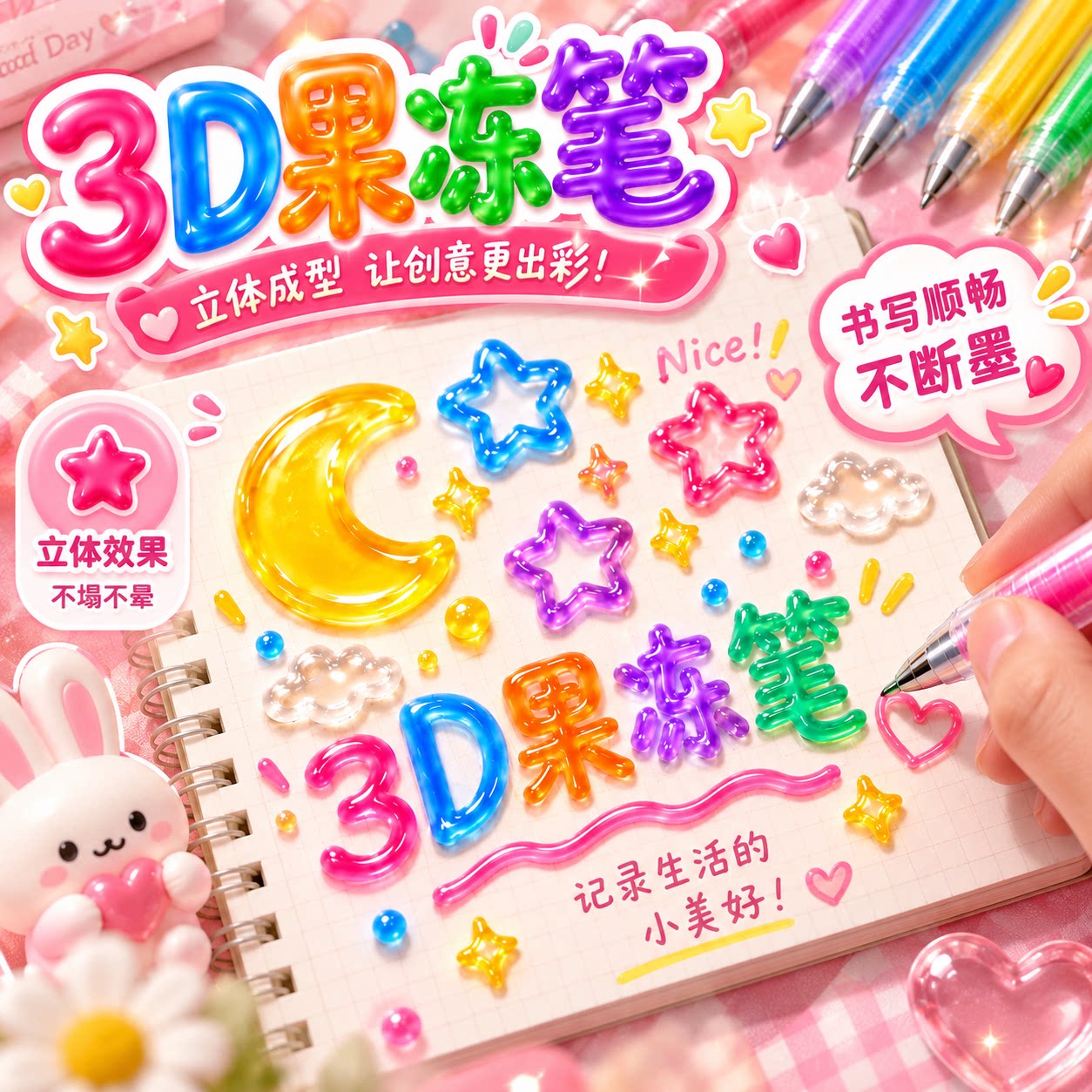 果冻笔3D立体手账笔网红彩色手账专用笔学生用标记笔划重点荧光笔双色轮廓笔闪光啫喱笔指甲果汁笔手抄报画笔图片