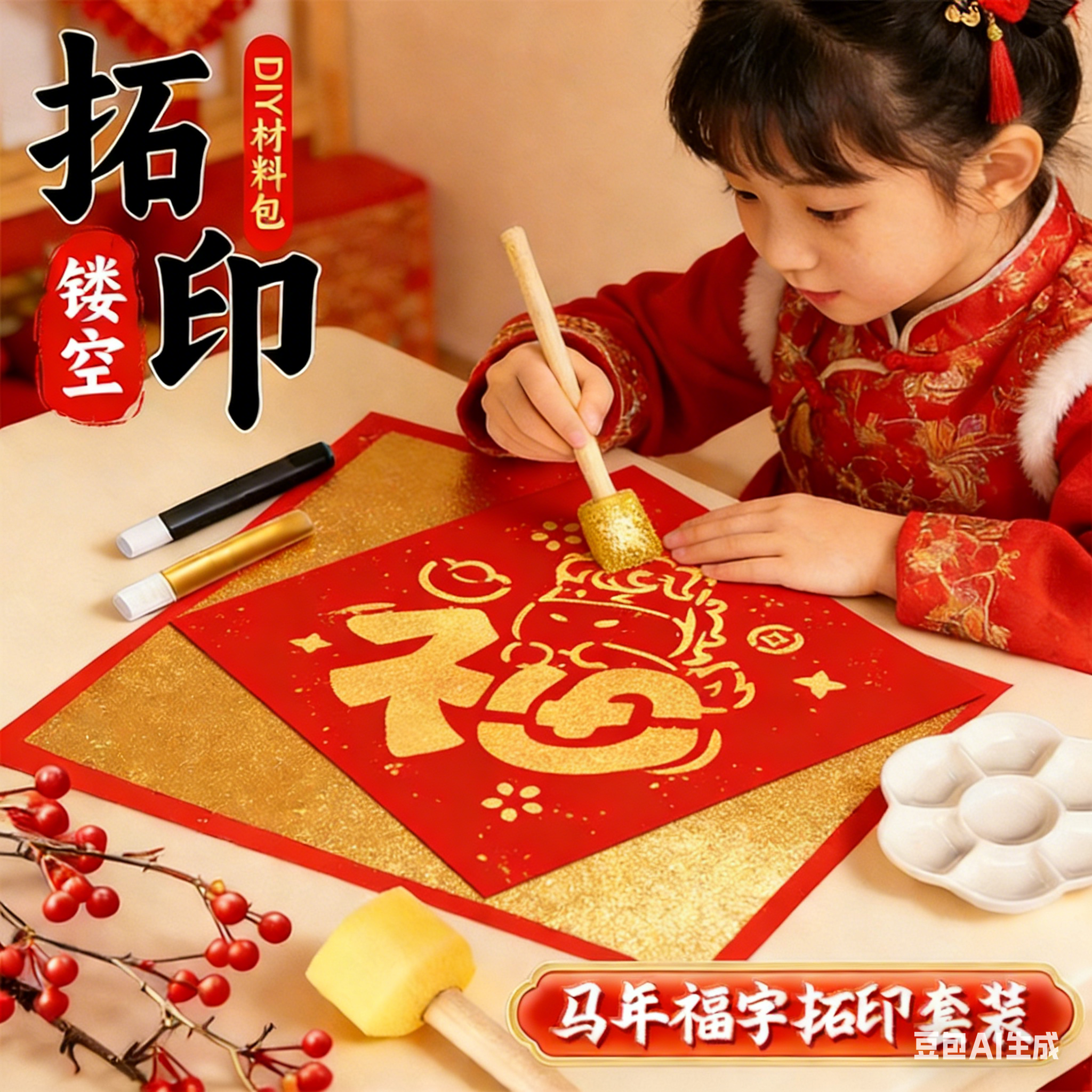 2026马年福字拓印材料包幼儿园元旦6儿童手工diy拓印模板工具套装新年镂空福字红纸拓印手工涂鸦春节福字印刷,文具电教/文化用品/商务用品,宣纸,淘宝优惠券,粉丝福利购,淘宝优惠卷