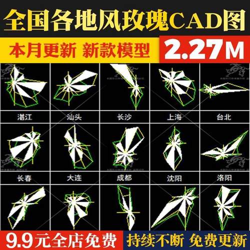 全国各地风玫瑰CAD施工图图库模块地理图形园林景观建筑城市规划.