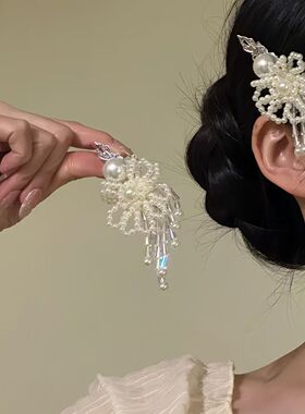 甜美蝴蝶结珍珠流苏发夹复古小众高级感少女风气质百搭侧边夹发饰
