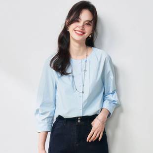 宽松圆领简约通勤上衣25078 25春夏法式 灯笼袖 衬衫 女纯棉七分袖
