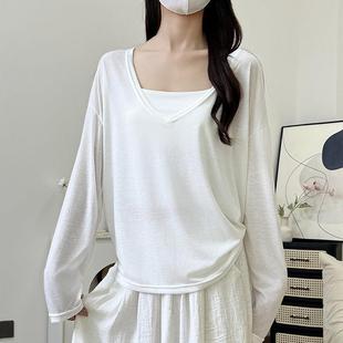 上衣宽松慵懒风针织休闲t恤外穿 H197大V领防晒罩衫 女夏季 薄款 长袖