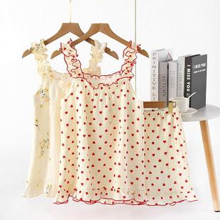 全棉绉布睡衣女 甜美清新风家居服 纯棉木耳吊带短套2色 夏季