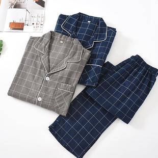户外家居服 韩版 男士 格子纱布睡衣套装 棉质家居服简约格子翻领长袖