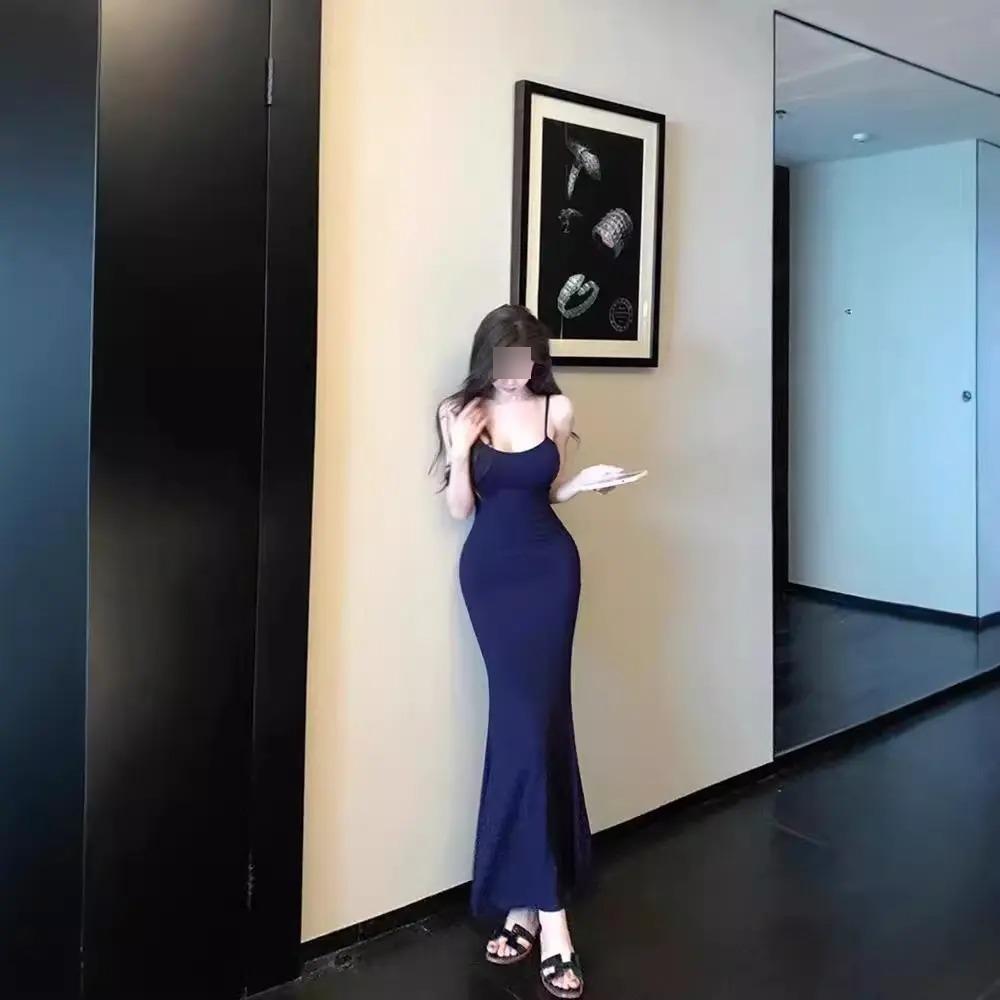 紧身吊带连衣裙女夏季辣妹纯欲风粉色修身鱼尾裙子收腰包臀长裙