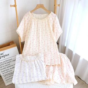 家居服纯棉双层纱布薄款 短裤 新款 蕾丝碎花短袖 夏季 甜美睡衣套装