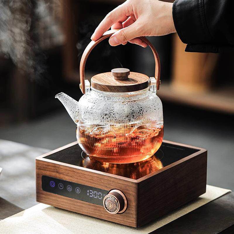新款翊博胡桃木电陶炉加厚玻璃煮茶壶烧水泡茶蒸汽器实木煮茶炉