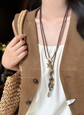 新中式禅意羽毛吊坠项链女复古波西米亚长款锁骨链民族风叠戴配饰