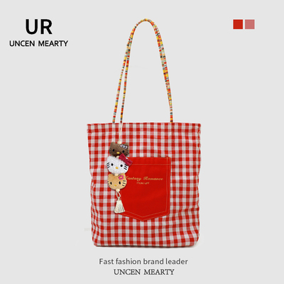 UR美式双面格子帆布包包女2025新款复古通勤百搭大容量单肩托特包
