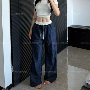 拿铁女孩健身裤女外穿宽松阔腿裤运动裤高腰小众拼接休闲裤拖地裤
