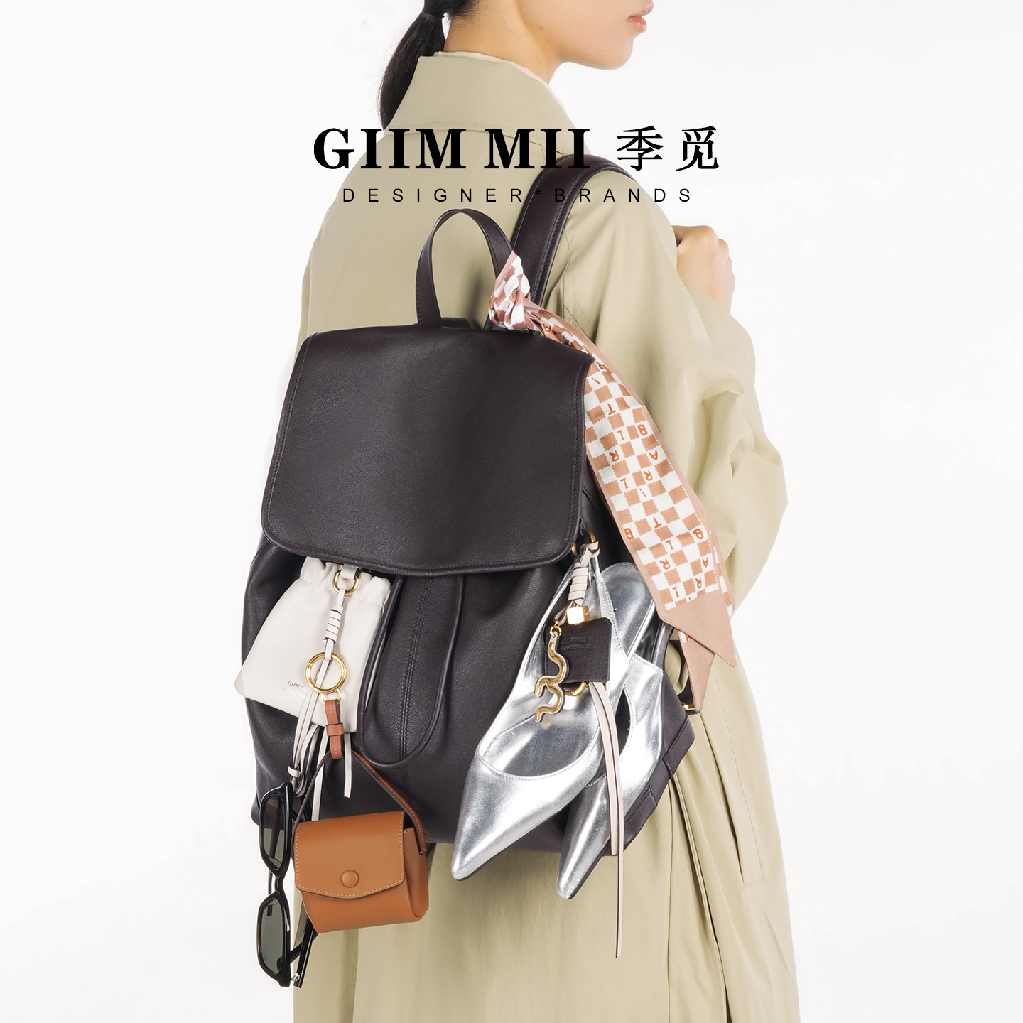 GIIM MII/季觅镬耳系列双肩百纳包头层小牛皮斜跨大容量电脑背包