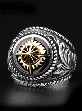 日本coss kokos925银戒指男士个性嘻哈复古金色光芒欧美食指环