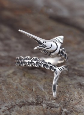 日本coss koko欧美风复古做旧老人与海马林鱼戒指时尚个性嘻哈潮