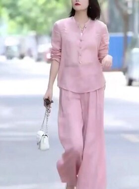 coss koko春季新款宽松休闲阔腿裤时尚套装女色减龄