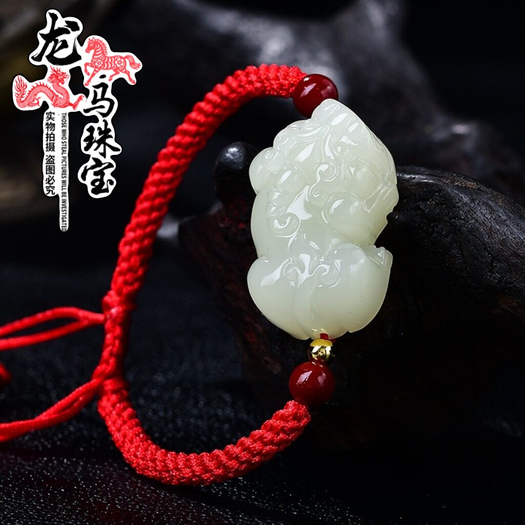 日系设计师TopWhit仿和田玉白玻璃貔貅男士手链女士红绳情侣貔貅