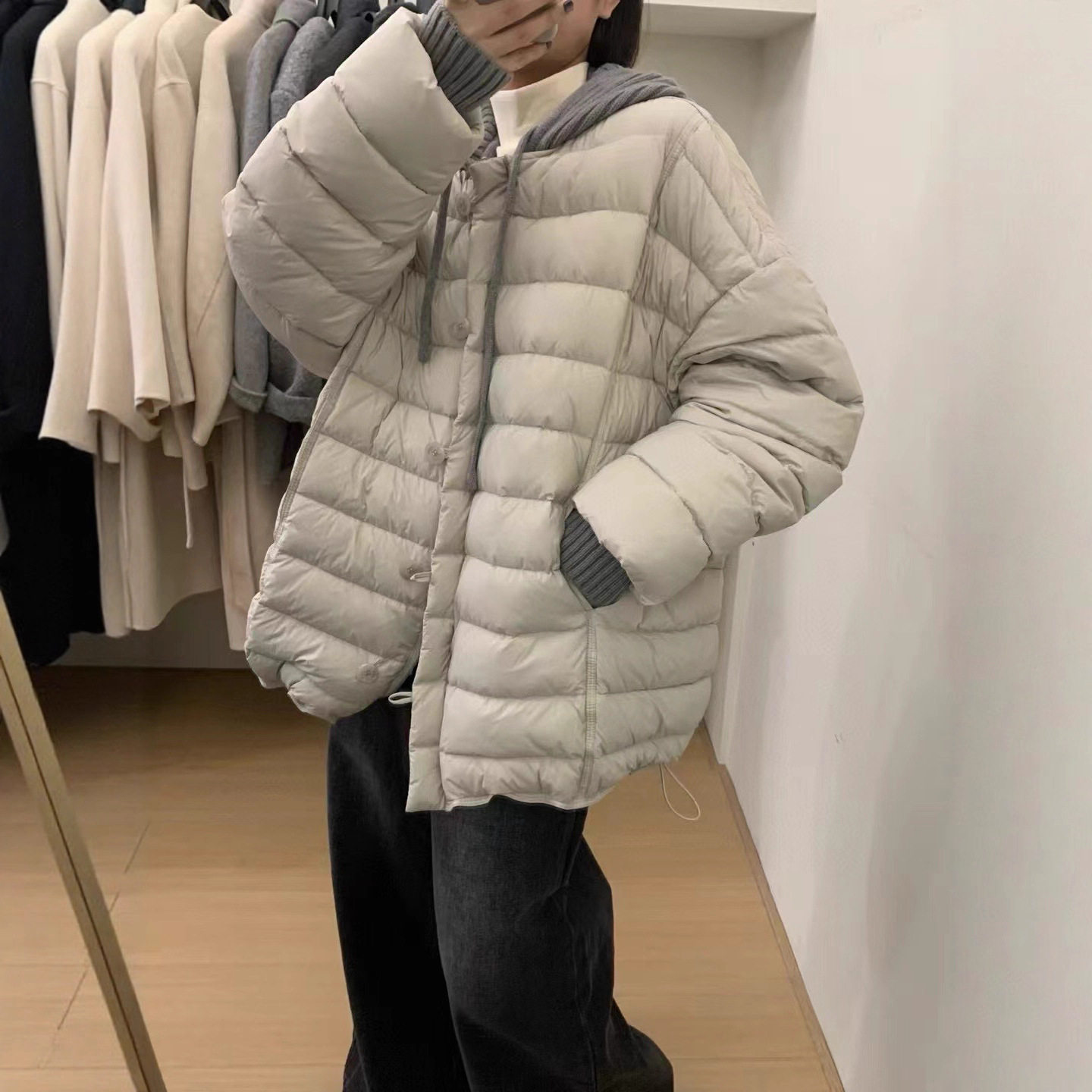 日系cherrykoko年冬季羽绒服女韩系针织式帽子可拆卸简约轻薄款