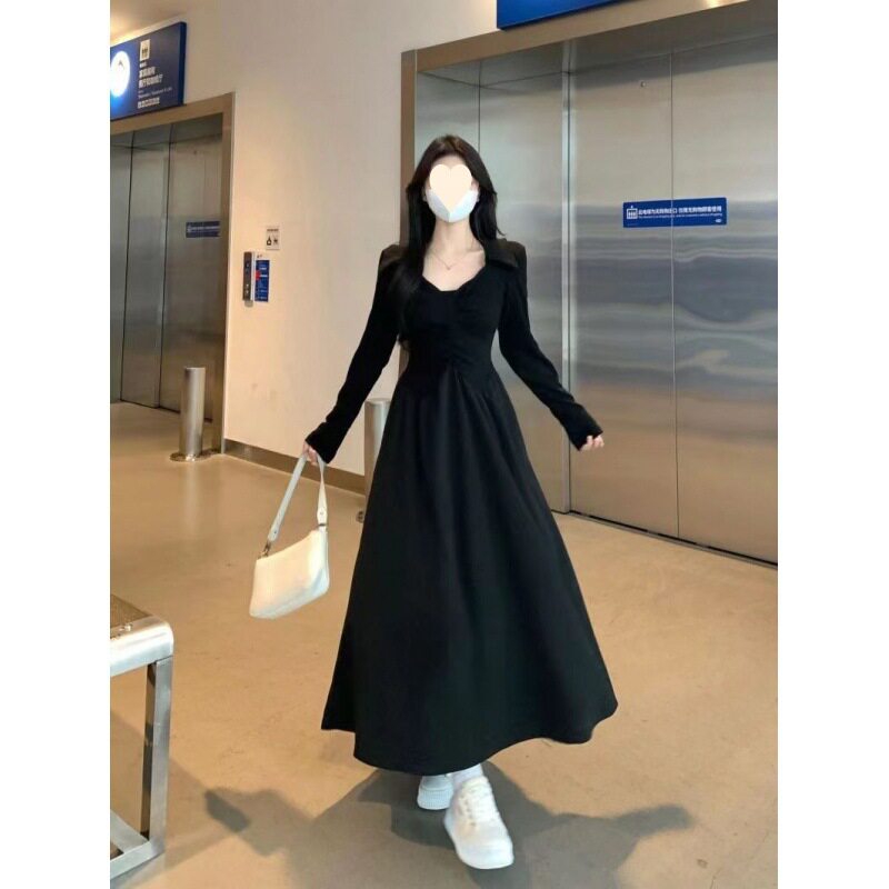 日系cherrykoko大码法式V领长袖连衣裙女秋季设计感褶皱收腰显瘦