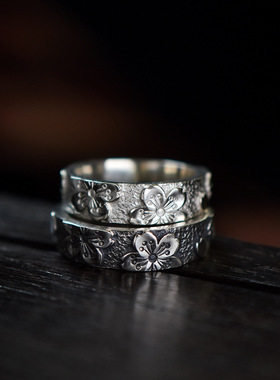 日本coss koko原创手工錾刻樱花925银戒指女复古个性ins小众情侣
