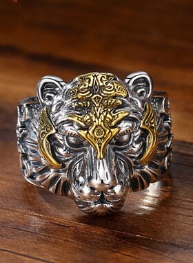 日本Coss KoKo奢遇复古 925银虎头戒指男老虎男士潮活口可调节